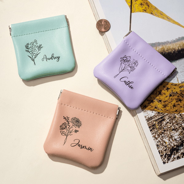 Personalized Birth Flower PU Leather Coin Purse with Name Mother's Day Birthday Anniversary Gift for Women Girls