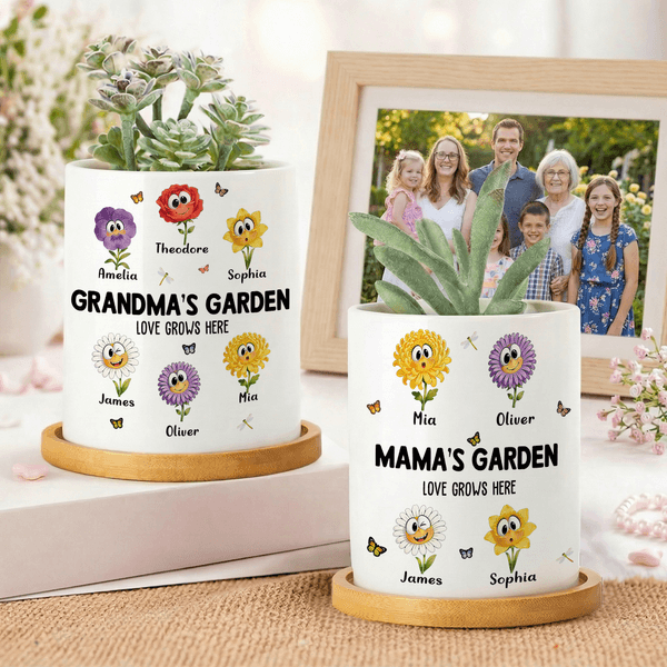 Fioriera in ceramica personalizzata con testo del nome e vassoio in bambù per uso quotidiano Regalo per la festa della mamma per la nonna