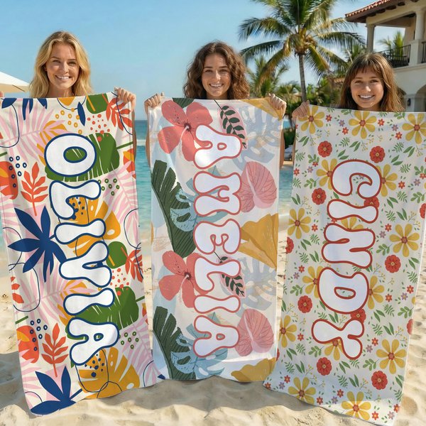 Personalised Retro Groovy Floral Quick Dry Oversized Microfiber Beach Towel with Name Summer Vacation Birthday Gift for Kid Family