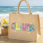 Personalisierte Floral künstlerischen Effekt Design große Jute Tasche mit Namen täglichen Gebrauch Geburtstag Geschenk für Kinder Familie