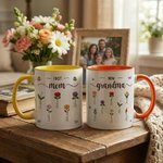 Personalised Faux Yarn Effect Birth Flower First Mom Now Grandma Ceramic Mug with Names Mother's Day Gift for Mom Grandma
