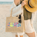 Personalisierte Floral künstlerischen Effekt Design große Jute Tasche mit Namen täglichen Gebrauch Geburtstag Geschenk für Kinder Familie