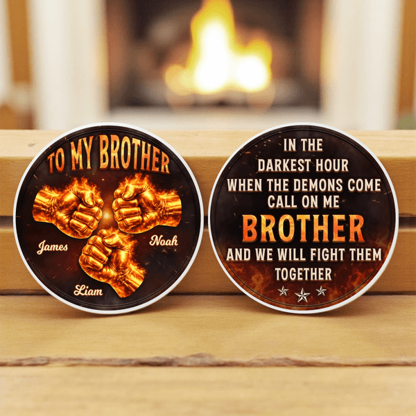 Personalized Brother Fire Fist Bump Commemorative Coin with 2-6 Names and Stand Birthday Graduation Gift for Brother Friend