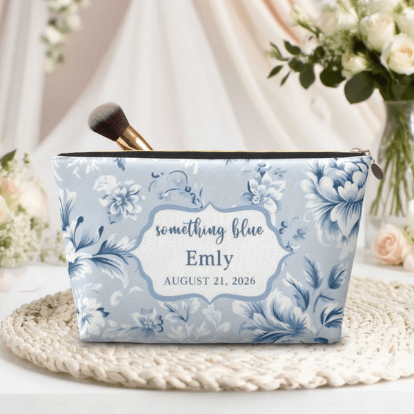 Personalised Something Blue Floral Portable Makeup Bag with Name Date Daily Use Travel Storage Anniversary Birthday Wedding Gift for Bride Bridesmaid