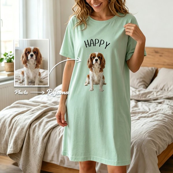 Personalized Multicolor Pet Photo Soft Short Sleeve Sleepshirt Nightdress with Text Daily Wear Birthday Gift for Grandma Mom Woman Pet Lover