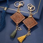 Personalized Brown PU Leather Graduation Cap Keychain with Initial and Tassel Graduation Keepsake Gift for Graduates