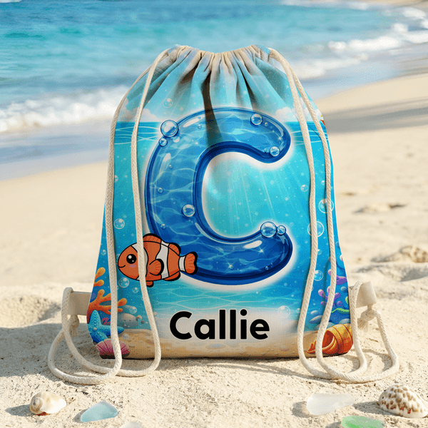 Bolsa de cordón personalizada con nombre e inicial para animales del océano Actividades al aire libre Fiesta en la playa Regalo de cumpleaños para niños amantes del océano Familia