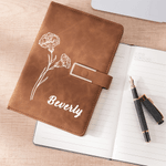 Personalised Line Art Birth Flower A5 PU Leather Notebook with Name Back to School Birthday Office Gift for Family Friend