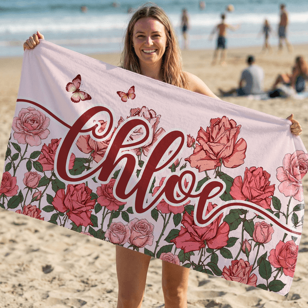 Personalized Birth Flower Quick Dry Oversized Microfiber Beach Towel with Name Beach Party Holiday Gift for Family Friends
