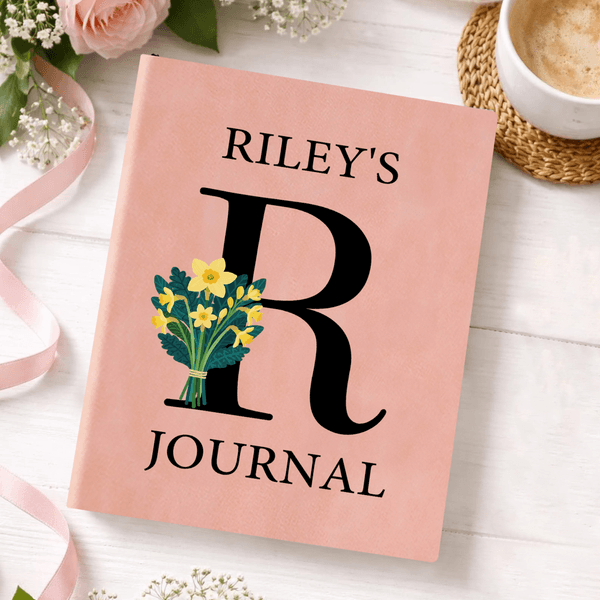 Personalised Birth Flower Bouquet Initial A5 Leather Notebook with Name Office Supplies Birthday Gift for Family Friends