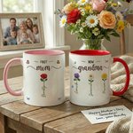 Personalised Faux Yarn Effect Birth Flower First Mom Now Grandma Ceramic Mug with Names Mother's Day Gift for Mom Grandma