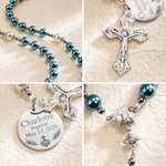 Personalized Navy Blue Pink Rosary Chalice Cross Necklace with Engraved Name and Date First Communion Baptism Gift for Christians