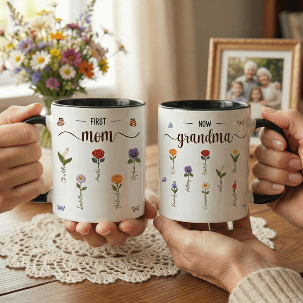 Personalised Faux Yarn Effect Birth Flower First Mom Now Grandma Ceramic Mug with Names Mother's Day Gift for Mom Grandma