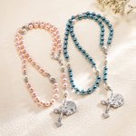 Personalized Navy Blue Pink Rosary Chalice Cross Necklace with Engraved Name and Date First Communion Baptism Gift for Christians