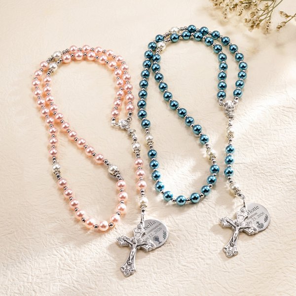 Personalized Navy Blue Pink Rosary Chalice Cross Necklace with Engraved Name and Date First Communion Baptism Gift for Christians
