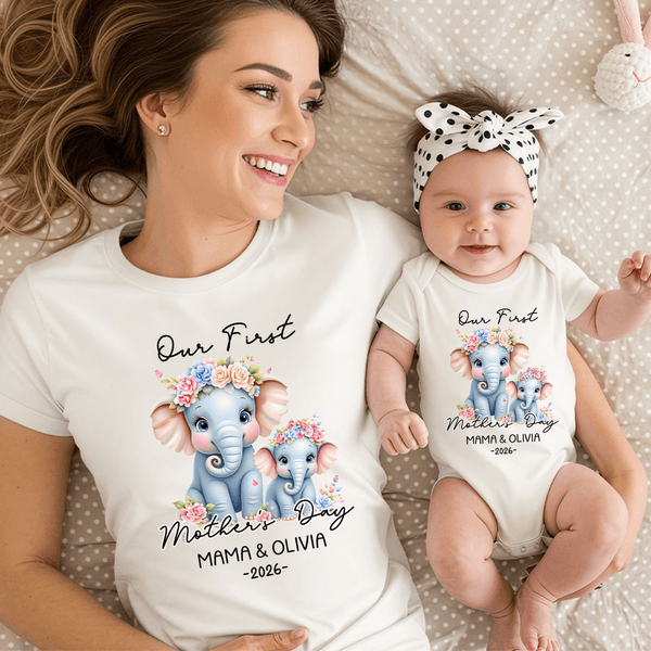 Personalised Elephant Mom Baby 100% Cotton T-shirt Baby Bodysuit with Name and Year Matching Outfit 1st Mother's Day Gift for New Mom