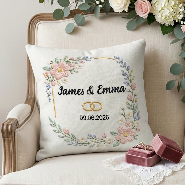 Personalised Imitation Embroidery Wedding Rings Soft Cushion Cover with Name and Date Wedding Anniversary Gift for Couples Newlyweds