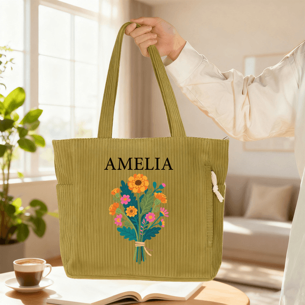 Personlig flerfarget fødselsblomst i fløyel Toteveske med navn og initial Daglig bruk Bursdagsgave til kjæreste Mamma