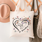 Personalised Heart Outline Hand-in-Hand Floral Butterfly Design Canvas Bag with Names and Handle Mother's Day Birthday Gift for Mom Pet Owner