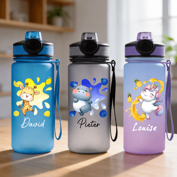 Personalized  Cute Fruit Animal 17 oz Kid Name Water Bottle with Silicone Straw Daily Use Back to School Children's Day Birthday Gift for Boy Girl
