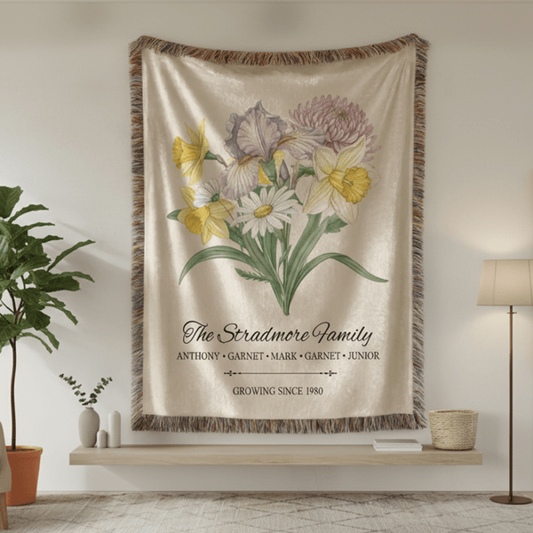 Personalised 1-6 Birth Flowers Tassel Soft Throw Blanket with Names Text and Title Mother's Day Birthday Gift for Grandma Mom