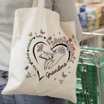 Personalised Heart Outline Hand-in-Hand Floral Butterfly Design Canvas Bag with Names and Handle Mother's Day Birthday Gift for Mom Pet Owner