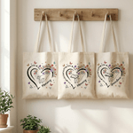 Personalised Heart Outline Hand-in-Hand Floral Butterfly Design Canvas Bag with Names and Handle Mother's Day Birthday Gift for Mom Pet Owner