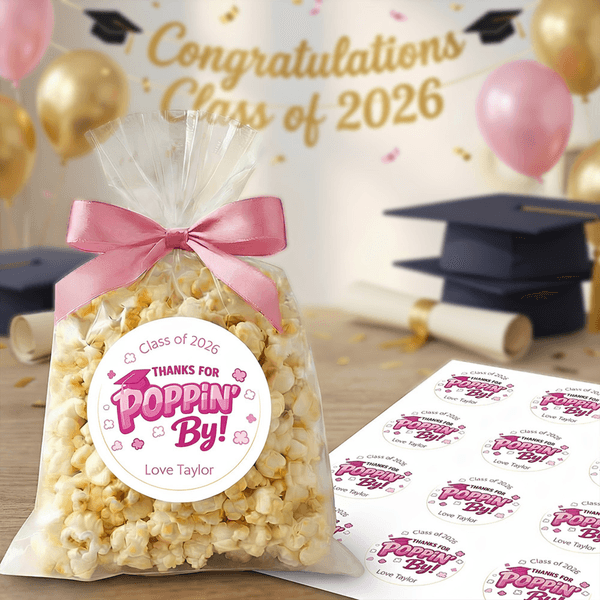 Personalized Thanks for Poppin By Waterproof Stickers with Name Favor Label Graduation Ceremony Party Decor for Graduates
