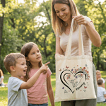 Personalised Heart Outline Hand-in-Hand Floral Butterfly Design Canvas Bag with Names and Handle Mother's Day Birthday Gift for Mom Pet Owner