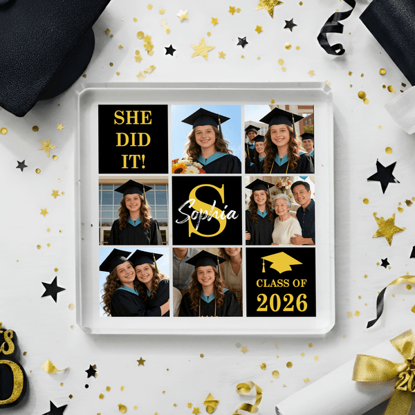 Placa acrílica cuadrada personalizada multicolor de 6 fotos con nombre e inicial Decoración de escritorio Regalo de graduación para un amigo graduado