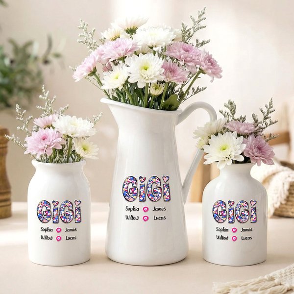 Personlig Retro Floral Title Keramisk blomvas med 1-12 namn Heminredning Födelsedag Mors dag present till mamma mormor kvinna
