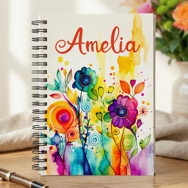 Cuaderno personalizado A5 de flores de acuarela con nombre Agenda de uso diario Regalo de cumpleaños para mujeres Amigas