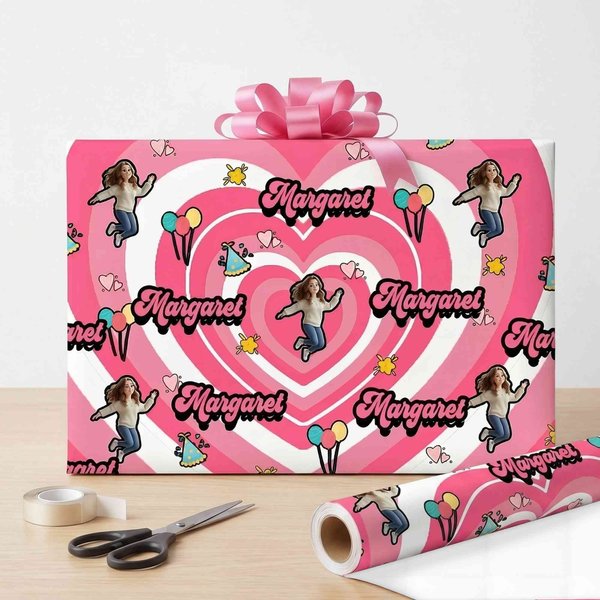 Personalized Cartoon Full Body Photo Heart Balloon Birthday Hat Wrapping Paper with Name Funny Birthday Favor for Family Friends