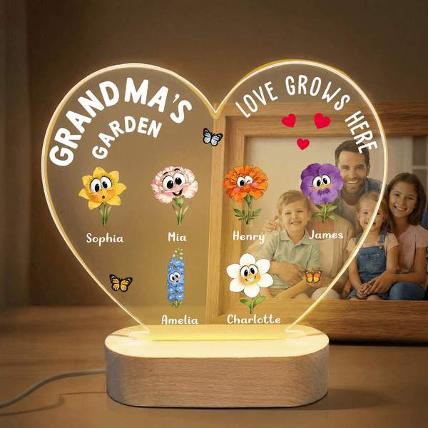 Personalized 1-16 Cartoon Birth Flowers Heart Shape Acrylic LED Night Light with Title Names and Wooden Base Mother's Day Gift for Mom Grandma