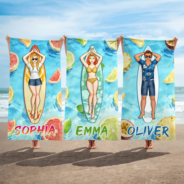 Gepersonaliseerd Cartoon Surfer Karakter Snel Droog Strandlaken met Naam Zomervakantie Dagelijks Gebruik Verjaardagscadeau voor Vrienden