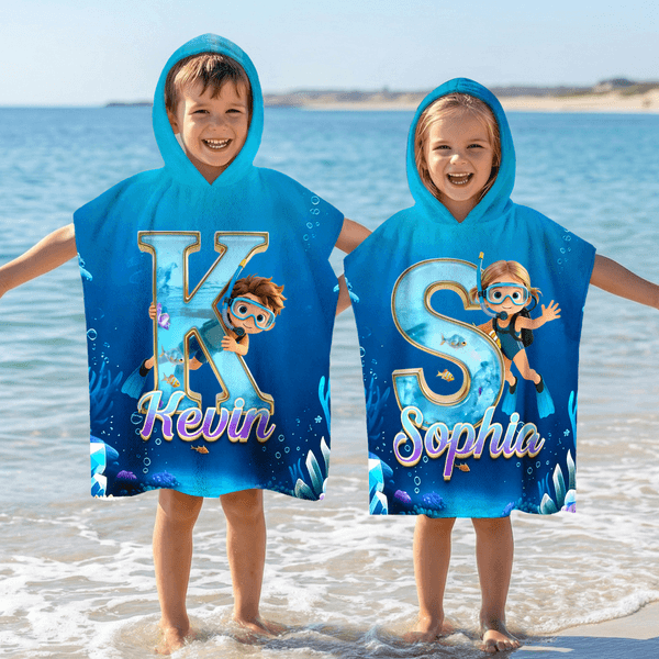 Personalised Cartoon Diving Character Initial Soft Hooded Beach Towel with Name Summer Vacation Beach Pool Party Birthday Gift for Boys Girls
