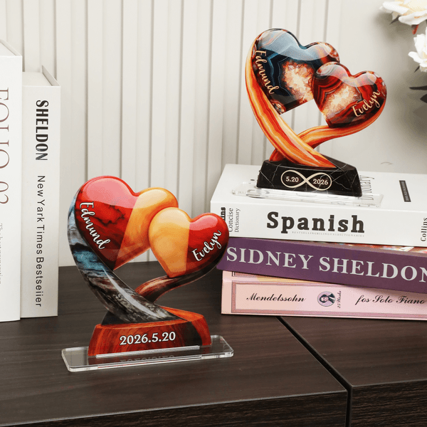 Ornement personnalisé en acrylique en forme de coeur entrelacé avec noms et date Décoration de bureau Anniversaire Cadeau d'anniversaire pour couple