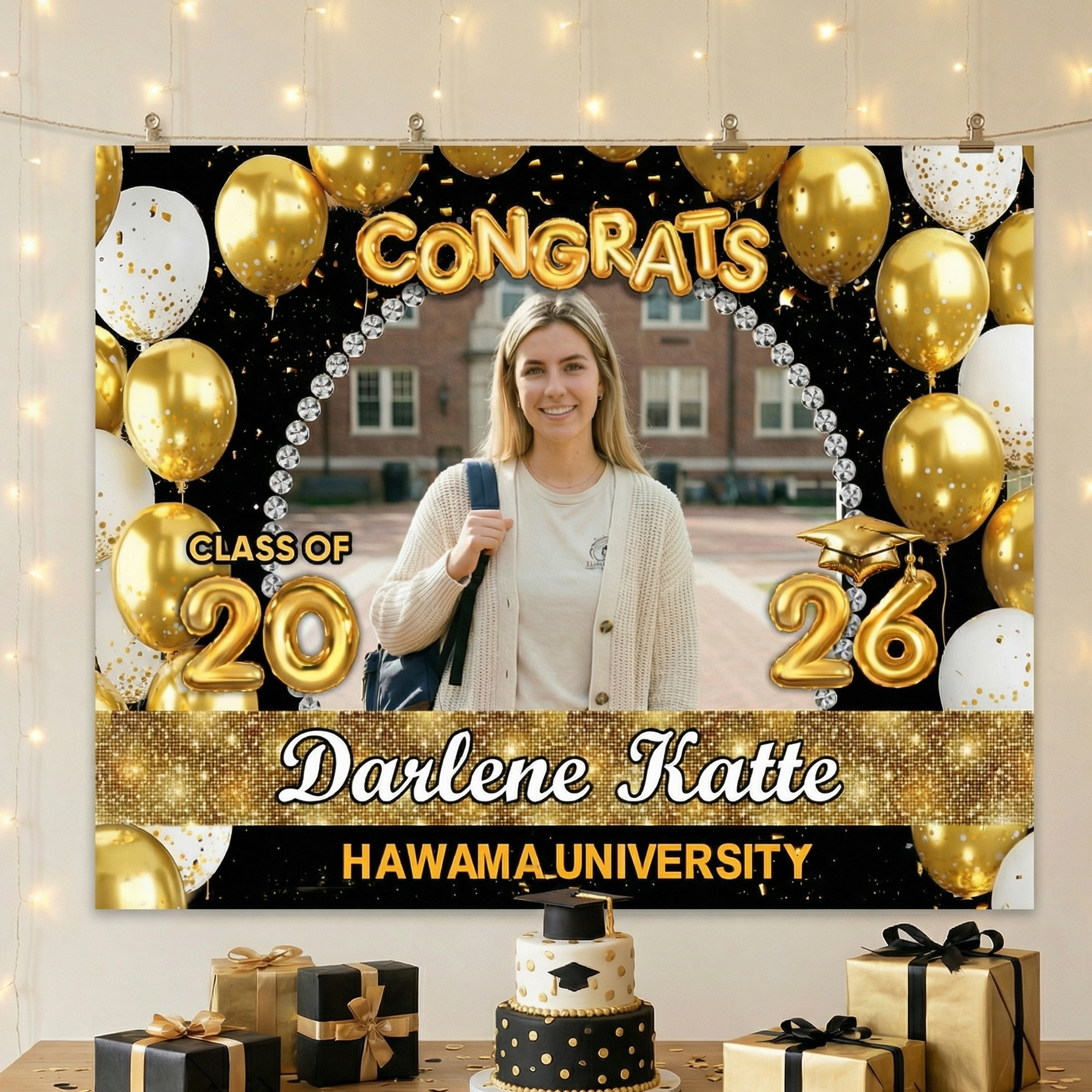Personalizado Congrats Foto Globos de colores Glittery Banner con el nombre y el nombre de la escuela Ceremonia de Graduación Fiesta de Regalo para la Clase de 2026 Graduados