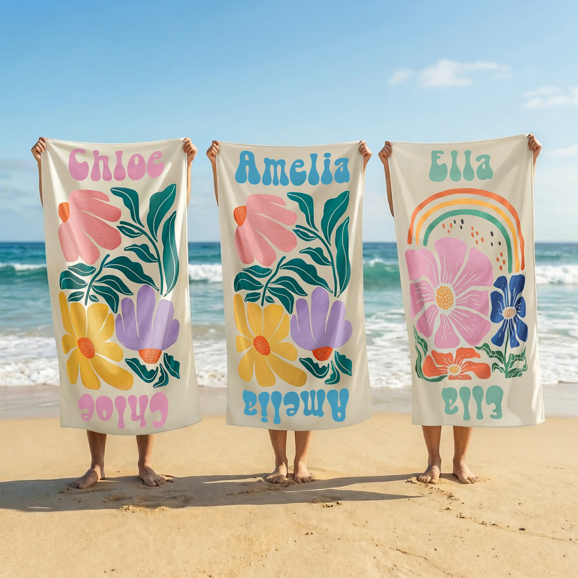Toalla de playa personalizada multicolor de secado rápido con flores y nombre regalo de cumpleaños vacaciones de verano y fiesta para mujeres