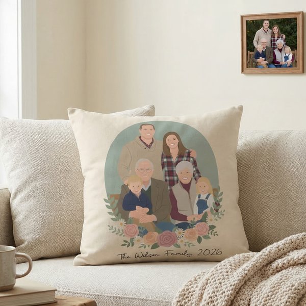 Personalizzato Multi-Color stile piatto foto di gruppo morbido cuscino di copertura con testo in basso Home Decor Regalo per la festa della mamma nonna