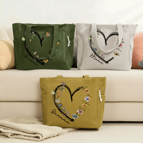 Personalized Birth Flower Corduroy Large Capacity Tote Bag with Nickname and Names Daily Use Travel Mother's Day Birthday Gift for Mom Grandma