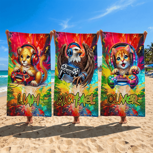 Personalized Animal Gamer Graffiti Quick Dry Oversized Beach Towel with Name Beach Party Swimming Pool Summer Vacation Gift for Gamer Kid