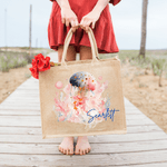 Personnalisé Aquarelle Tortue de mer Animaux de l'océan Grand sac en toile de jute avec nom Accessoire de voyage Fête d'anniversaire Cadeau pour les femmes