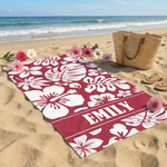 Serviette de plage surdimensionnée personnalisée avec nom - Style de fleur tropical - Cadeau anniversaire vacances pour les aims la famille