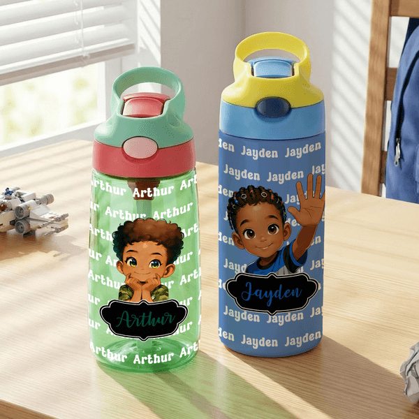 Personalized Cute Black Boy Kid Water Bottle with Name and Silicone Straw Outdoors Birthday Back to School Gift for Black Boy