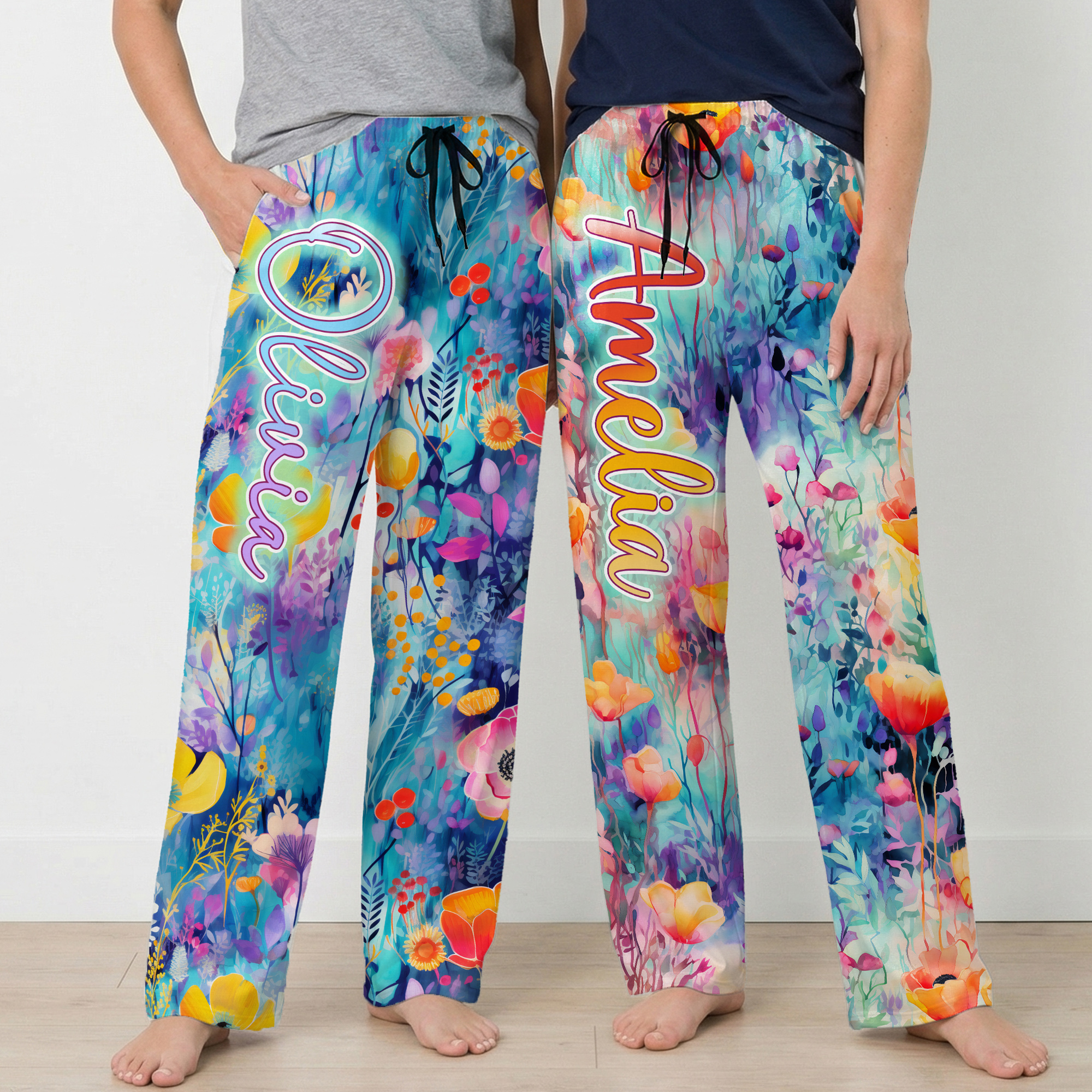 Personalisierte Damen-Pyjamahose im Aquarell-Blumen-Stil | mit Namen | Nachtwäsche-Hose für Alltag | Geburtstagsgeschenk für Frau Freundin