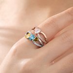 Personalized 1-6 Birthstones Sterling Silver Ring with Engraved Text Dainty Jewelry Anniversary Birthday Mother's Day Gift for Women