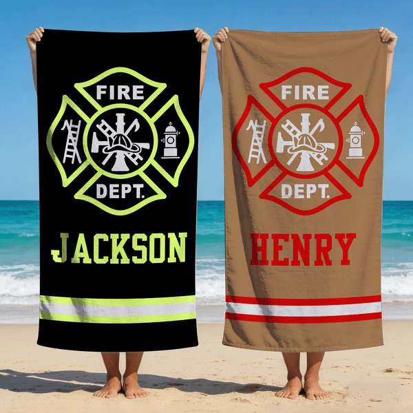 Toalla de playa personalizada de secado rápido con nombre y elementos de bomberos regalo de cumpleaños y día del padre para papás bomberos