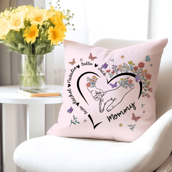 Personalised Heart Outline Hand-in-Hand Floral Soft Cushion Cover with Name Home Decor Mother's Day Birthday Gift for Mom Pet Owner