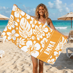 Serviette de plage surdimensionnée personnalisée avec nom - Style de fleur tropical - Cadeau anniversaire vacances pour les aims la famille